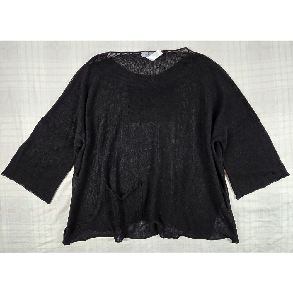 Cheyenne Womens Lagenlook 100% Linen Open Knit Tunic Top Pockets Black 3X